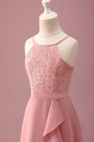 Vestido de dama de honor junior de gasa de gasa de línea A con cuello halter y rubor