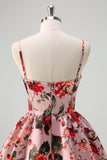 Vestido de fiesta largo floral con tirantes de espagueti rosa gris escalonado de una línea