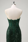 Sirena brillante Novia Corsé verde oscuro Lentejuelas Vestido de fiesta de encaje con abertura