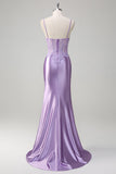 Vestido de fiesta largo de tirantes de espagueti sirena lila con apliques