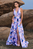 Estampado Floral Azul Morado A Línea Halter Vestido de Fiesta con Abertura