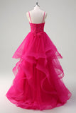 Apliques de color rosa intenso Corsé Tirantes de espagueti Una línea Vestido de fiesta con volantes en espiral