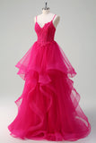Apliques de color rosa intenso Corsé Tirantes de espagueti Una línea Vestido de fiesta con volantes en espiral
