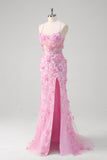 Vestido de fiesta de lentejuelas con tirantes de espagueti de sirena rosa con flores en 3D