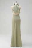 Elegante vestido de dama de honor de sirena de satén halter de salvia