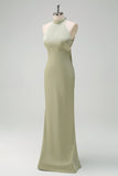 Elegante vestido de dama de honor de sirena de satén halter de salvia