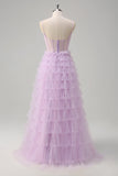 Vestido de fiesta largo transparente con corsé escalonado de línea A de color púrpura claro con volantes