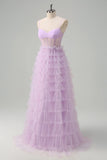 Vestido de fiesta largo transparente con corsé escalonado de línea A de color púrpura claro con volantes