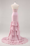 Vestido de fiesta largo con corsé sin tirantes de sirena rubor con abertura
