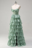 Dusty Sage A Line Spaghetti Tirantes Vestido de Dama de Honor Largo con Volantes Raja