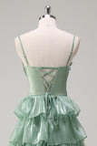 Dusty Sage A Line Spaghetti Tirantes Vestido de Dama de Honor Largo con Volantes Raja