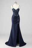 Lentejuelas de sirena azul marino brillante Corsé fruncido Vestido de fiesta largo con abertura
