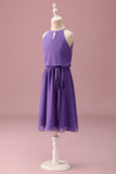 Vestido corto de dama de honor junior con cinturón Halter Purple Keyhole A Line