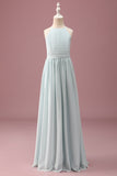 Vestido de dama de honor junior largo plisado largo con halter menta en forma de A