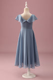 Vestido corto de dama de honor junior con cuello en V de gasa azul empolvado con mangas onduladas