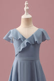 Vestido corto de dama de honor junior con cuello en V de gasa azul empolvado con mangas onduladas