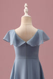 Vestido corto de dama de honor junior con cuello en V de gasa azul empolvado con mangas onduladas