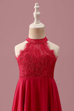 Vestido de dama de honor junior fruncido de gasa rojo halter de encaje rojo