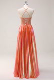 Vestido de fiesta largo largo con abalorios metálicos con abalorios de color naranja brillante con abalorios