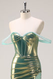 Vestido de fiesta de corsé largo metálico sirena verde con hombros descubiertos y abertura