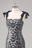 Vestido formal con correas de corbata de leopardo gris brillante