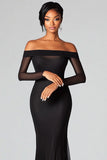 Vestido formal de malla con hombros descubiertos negro