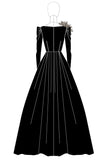 Vestido de invitada de boda largo de satén negro con cuello barco de manga larga en línea