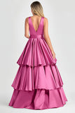 Fucsia Vestido de fiesta largo con volantes en V y línea A