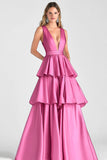 Fucsia Vestido de fiesta largo con volantes en V y línea A