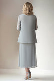 Vestido Madre de la Novia Mujer de 2 Piezas con Vaina Cuello Redondo Gris Claro