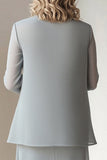 Vestido Madre de la Novia Mujer de 2 Piezas con Vaina Cuello Redondo Gris Claro