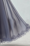 Vestido de dama de honor de gasa de encaje azul empolvado con mangas cortas