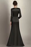 Vestido largo sirena negro de manga larga fruncido de satén madre de la novia