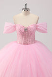 Vestido de fiesta rosa princesa con hombros descubiertos Vestido de quinceañera de tul con abalorios