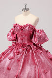 Princesa Fucsia Vestido de Fiesta Con Hombros Descubiertos Mangas Abullonadas Vestido de Quinceañera con Flores 3D