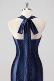 Vestido formal largo con volantes de sirena con cuentas halter azul marino