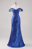 Vestido formal largo de satén azul real con hombros descubiertos y mangas desmontables