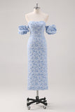 Vestido formal floral azul largo del té con mangas abullonadas