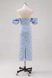 Vestido formal floral azul largo del té con mangas abullonadas