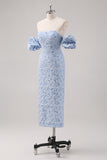 Vestido formal floral azul largo del té con mangas abullonadas
