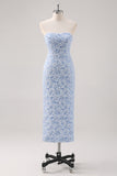 Vestido formal floral azul largo del té con mangas abullonadas