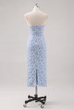 Vestido formal floral azul largo del té con mangas abullonadas