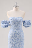 Vestido formal floral azul largo del té con mangas abullonadas