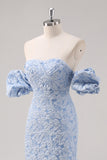 Vestido formal floral azul largo del té con mangas abullonadas