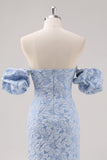 Vestido formal floral azul largo del té con mangas abullonadas