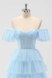 Azul cielo fuera del hombro Corsé escalonado A Line Vestido de dama de honor