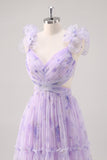 Flor De Lavanda Un Vestido Largo De Dama De Honor Plisado Recortado De La Línea