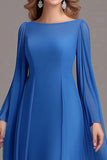 Tul Azul Manga Larga A Line Cuello Barco Madre De La Novia Vestido