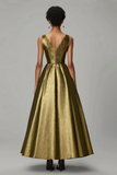 Vestido formal fruncido hasta los tobillos con cuello en V en línea A de oro oscuro brillante