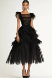 Negro A Línea A Mangas planas Volantes Tulle Vestido formal largo té